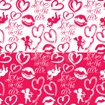 Seamless pattern with brush strokes and scribbles in heart shapes, lips prints, angels and calligraphic hand written text Love in the air. Valentines Day holiday background. 