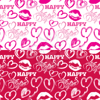 Seamless pattern with brush strokes and scribbles in heart shapes, lips prints and calligraphic hand written text Happy Valentines Day, holiday background. 