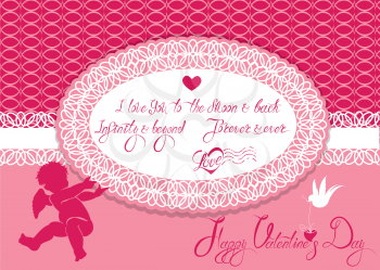 Horizontal Holiday card with cute angel and oval frame on pink background. Handwritten calligraphic text Happy Valentines Day, I love you to the moon and back. Infinity and beyond. Forever and ever.