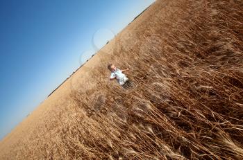 Young boy running throughSaskatchewan wheat crop