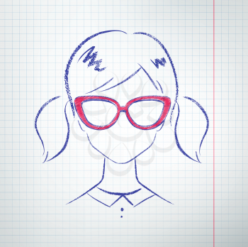 Female avatar drawn on checkered school notebook paper. Vector illustration.