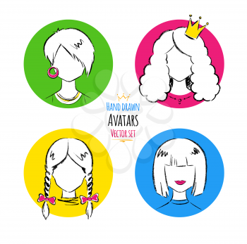 Female avatars. Hand drawn illustration. Vector set.