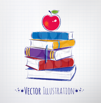 Apple on a pile of books. Vector illustration.