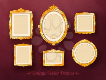 Vintage baroque golden frames set. Vector illustration.