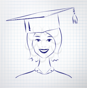 Student girl wearing graduation hat. Hand drawn sketch on notebook background. Vector illustration.