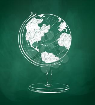 Globe drawn on green chalkboard. Vector illustration. isolated.