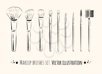 Makeup brushes kit.  Hand drawn vector set.