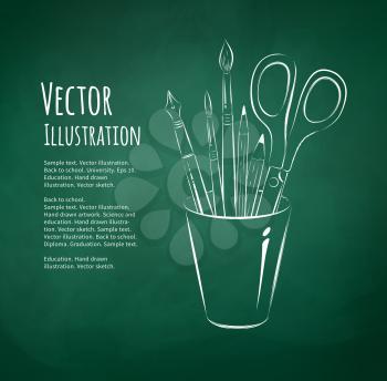 Brushes, pen, pencils and scissors in holder. Chalkboard drawing. Vector illustration.