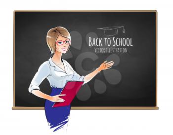 Illustration of school teacher standing next to blackboard. Vector EPS 10.