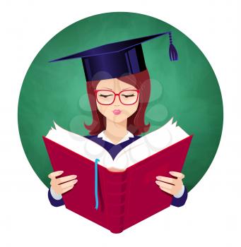 Girl wearing graduation hat reading book on chalkboard background. Vector illustration.