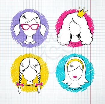Female avatars drawn on checkered notebook paper. Vector set.