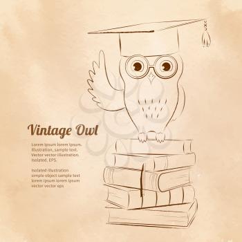 Vintage vector illustration of owl sitting on books. Education symbol.