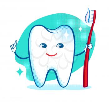 Cute healthy white shiny tooth character. Vector illustration. Isolated.