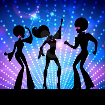 Dancing people and disco lights. Vector illustration.