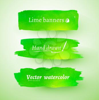 Green hand drawn watercolor banners. Vector set.