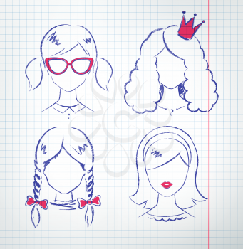 Female avatars vector set. Grunge hand drawn illustrations on checkered school notebook paper.