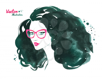 Fashion watercolor vector illustration. Portrait of a young woman wearing glasses.