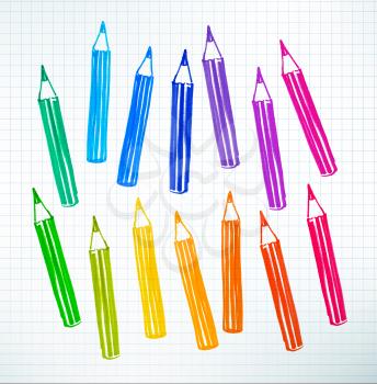 Felt pen childlike drawing of colored pencils on checkered school notebook paper. Vector illustration.