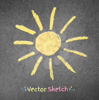 Chalk drawing of sun on asphalt background. Vector illustration.