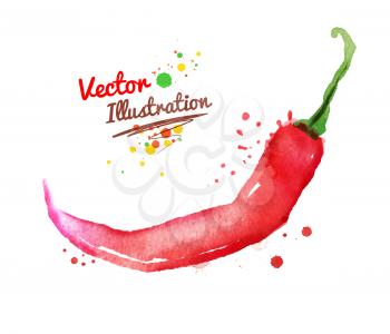 Watercolor vector drawing of red chili pepper with paint splashes.