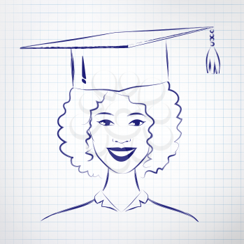Student girl wearing graduation hat. Vector hand drawn sketch on notebook background.