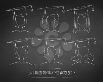 Vector collection of chalkboard drawings of students wearing graduation cap.