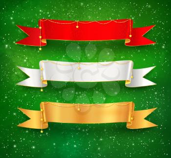 Festive satin ribbon banners with gold garland decoration on green grunge watercolor background with falling snow and light sparkles.