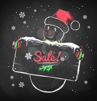 Color chalk vector sketch of Christmas Snowman with sale signboard on black chalkboard background. 