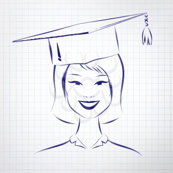 Asian student girl wearing graduation hat. Vector hand drawn sketch on notebook background.