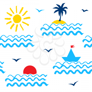 Retro 1980s styled summer seaside vacation seamless pattern with sea, sun, palm tree, yacht and seagulls.