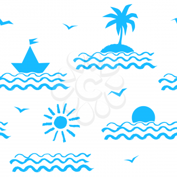Summer seaside vacation seamless pattern with sea, sun, palm tree, yacht and seagulls.