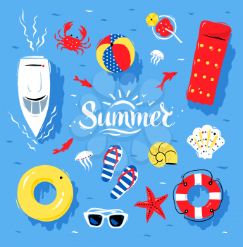 Vector summertime top view illustrations set with Summer word lettering on blue water background.