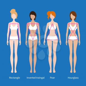 Vector illustrations of female body types on blue background.