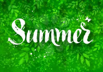 Summer word brush lettering on background with foliage, bushes and tree brunches watercolor texture.