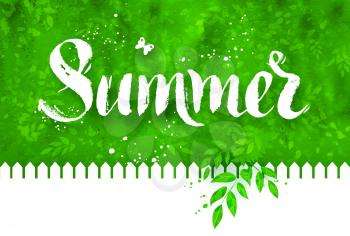 Summer word brush lettering on background with garden fence, foliage, and bushes with watercolor texture.