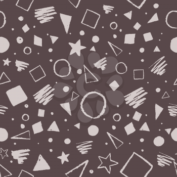 Dark monochrome vintage seamless geometric pattern with triangles, circles, squares and doodles.