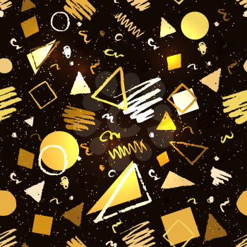 Seamless gold and black geometric pattern with grunge elements - triangles, circles, squares and doodles.