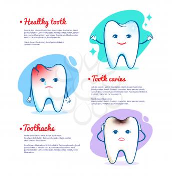 Vector illustration of toothache, tooth caries and healthy tooth concept. 