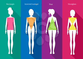 Vector illustrations of female body types white silhouettes with shadows on colored background.
