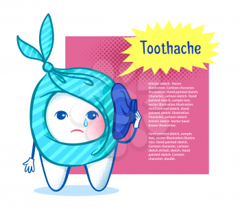Sorrowful tooth character with ice bag on burst speech bubble design background.