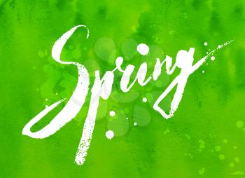 Spring word grunge hand drawn vector lettering on green watercolor background with paint splashes.