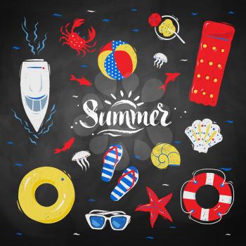 Vector summertime top view illustrations set with Summer word lettering on chalkboard background.