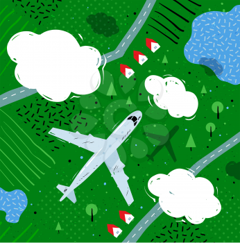 Vector illustration of top view of plane flying near clouds above rural landscape with lakes, roads and houses.