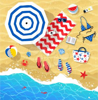 Vector summertime top view illustrations set on beach sand and sea water background.