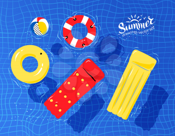 Vector illustration of pool rafts, rubber ring, beach ball and lifebuoy floating on water.