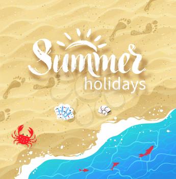 Hand drawn Summer word lettering on background with sea surf, shells, crab, water ripple and beach sand.