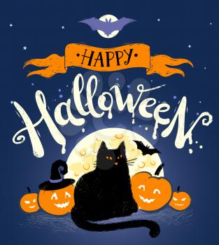 Happy Halloween vector postcard with moon, black cat and pumpkins on dark blue background.