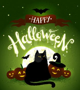 Happy Halloween vector postcard with moon, black cat and pumpkins on green background.