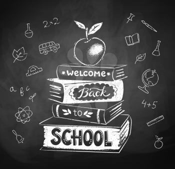 Vector chalk drawing of apple on stack of books with Welcome Back to School lettering.