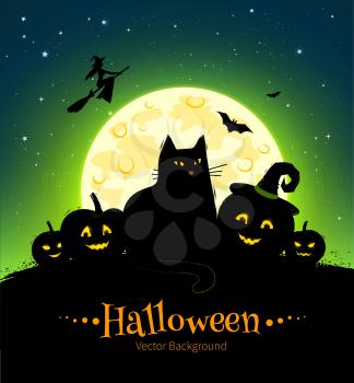 Halloween vector black and green background with moon, black cat and pumpkins.